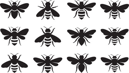 Twelve black silhouette icons of bees in various poses and orientations insect vector © Sabbir Art Express