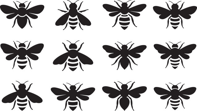 Twelve black silhouette icons of bees in various poses and orientations insect vector