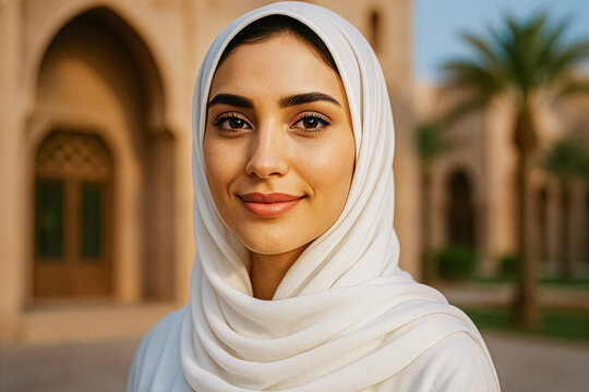 Portrait of young muslim woman in hijab with traditional Middle Eastern architecture in background