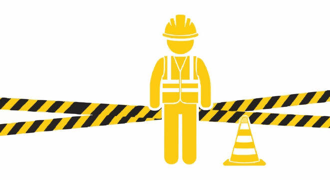 Construction worker safety vest hard hat and caution tape.