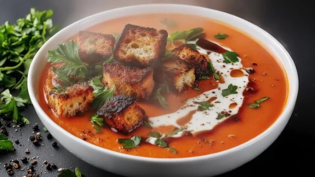Steaming tomato soup with toasted croutons parsley and cream swirl on dark tabletop slow push in