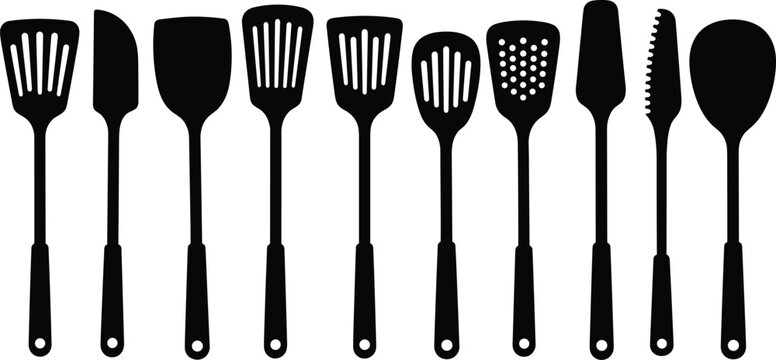 Kitchen utensil silhouette set illustration, cooking tools spatula spoon knife vector icons isolated on white background for culinary design