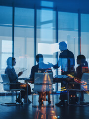 Futuristic Double Exposure of Business Professionals Meeting in Office with Urban City Lights Overlay for Global Strategy and Tech Innovation Concept