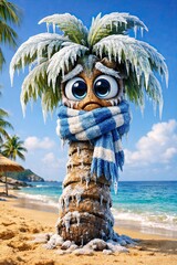 Frozen Winter Tropical Palm Tree Character with Big Eyes on a Beach
