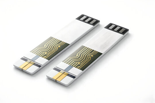 Photorealistic 3D macro product-shot of a single unbranded glucose test strip placed diagonally on a pure white surface, crisp plastic edges, subtle micro-scratches