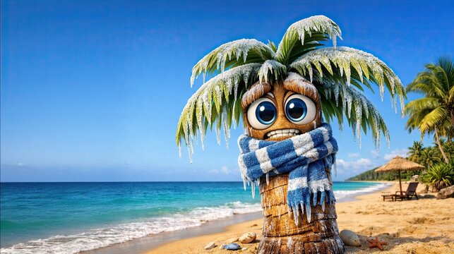 Frozen Winter Tropical Palm Tree Character with Big Eyes on a Beach. Winter Weather in Warm Places Concept
