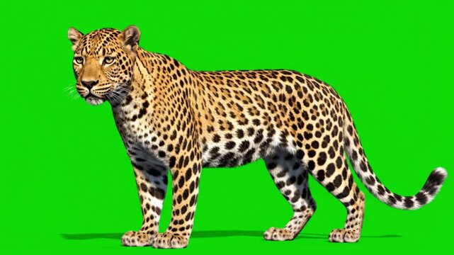 A digitally illustrated leopard standing against a green background.