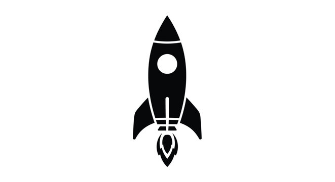 A simple black silhouette of a classic rocket ship against a white background