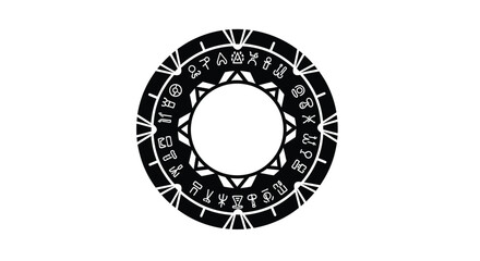 Circular design featuring cryptic symbols and triangular points in black and white