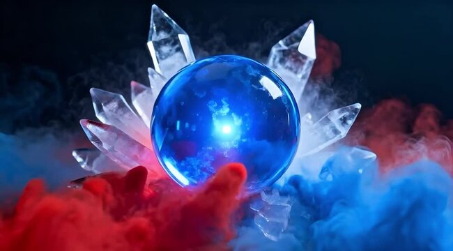 Mystical Glowing Blue Orb with Clear Crystals and Swirling Red and Blue Smoke