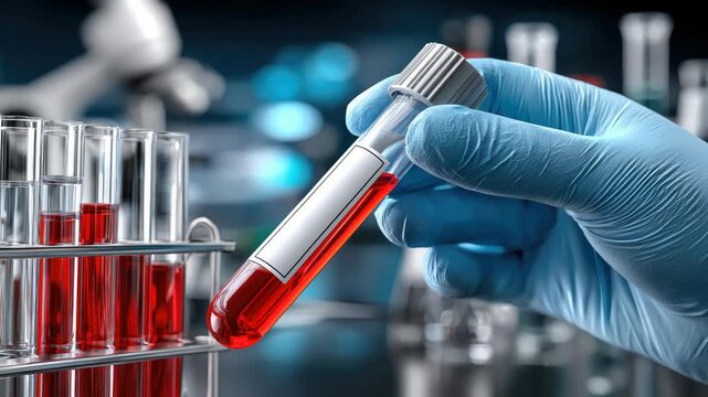doctor or laboratory technician in medical gloves holding blood test tube against background of analysis samples in clinical laboratory healthcare concept copy space
