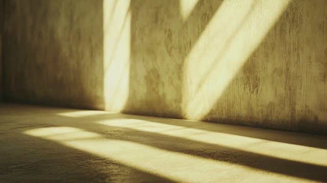 Empty room experiencing warm golden sunlight streaming through a window, casting distinct diagonal shadows on the textured concrete wall and rough cement floor