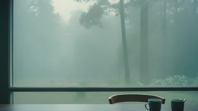 Wooden table featuring coffee mug and creamer is positioned in front of a large window, offering a view of a serene, mist shrouded forest, creating a calm and contemplative atmosphere