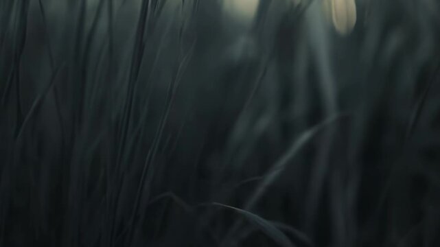 Green grass stems with seed heads stand tall in a blurred, natural field, creating a soft focus background scene with gentle backlighting and a peaceful atmosphere
