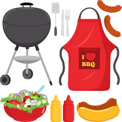 Barbecue picnic party set with bbq grill, salad, cooking apron and food. Flaming roasted hot grill for hot dogs and Greek salad. Spatula, fork, mustard and ketchup. Vector illustration