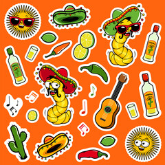 Mariachi tequila worm and Mexican sticker set. Cinco de Mayo party collection sticker pack patches, labels, tags. Mexican restaurant menu set with music and drinks. Vector illustration