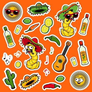 Mariachi tequila worm and Mexican sticker set. Cinco de Mayo party collection sticker pack patches, labels, tags. Mexican restaurant menu set with music and drinks. Vector illustration
