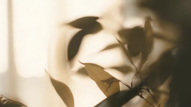 Delicate tree branches with ovate leaves are bathed in warm, soft sunlight, creating a translucent and calming natural backdrop with gentle shadows and bokeh