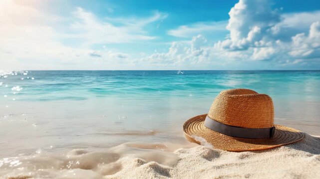 Straw sun hat on sandy tropical beach as gentle waves wash up under bright blue sky