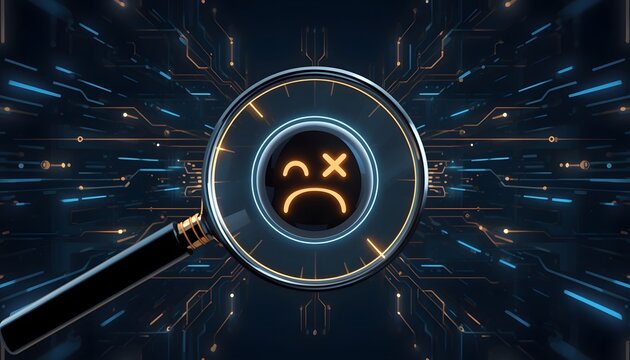 Magnifying Glass Over Sad Face Emoji in Futuristic Circuit Board Background