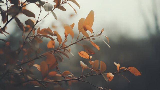 Tree branches featuring warm orange and brown autumn leaves, softly illuminated against a muted, out of focus natural background, depicting changing seasons