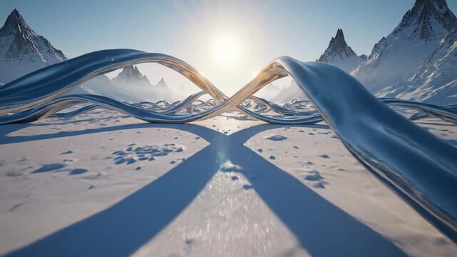 Sweeping aerial simulation over abstract flowing silver ribbons representing beautiful melodic sound waves in a conceptual winter setting music, flowing, soundscape