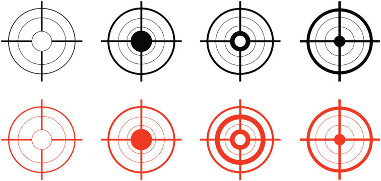 Set of target icons in red and black, vector illustration for rank titles, goal symbols, aiming graphics, shooting sports, archery design, focus and precision visuals,