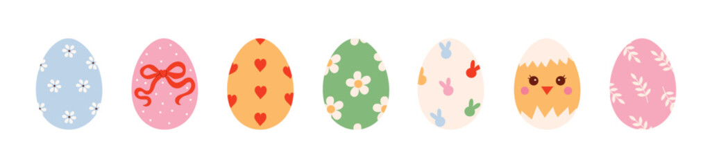 Easter eggs set with colorful spring ornaments. Festive eggs for Easter holiday design, greeting cards, posters and children illustrations. Flat vector illustration isolated on white background.