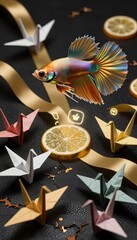 Obraz premium Colorful Betta Fish Swimming Among Origami Cranes and Lemon Slices on Dark Background