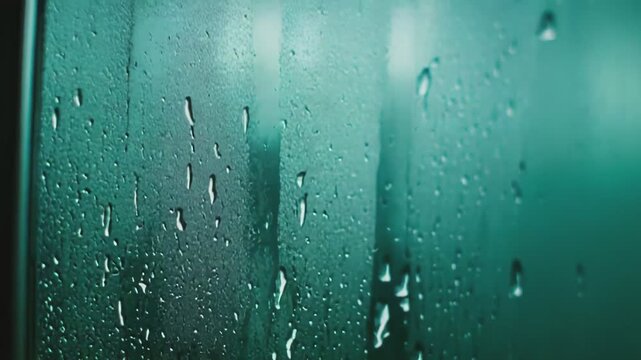 Water droplets adhering to a translucent condensation covered glass surface, creating an abstract textured background, evoking feelings of freshness, hygiene, and humidity