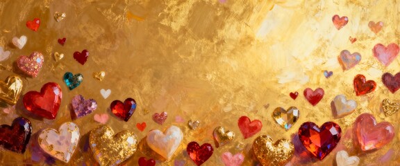 Painting of colorful hearts scattered on golden textured background, wide banner with copy space for text  