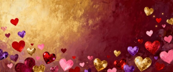 Wide festive banner with colorful painted hearts on a luxurious textured golden background in warm tones, copy space for text  