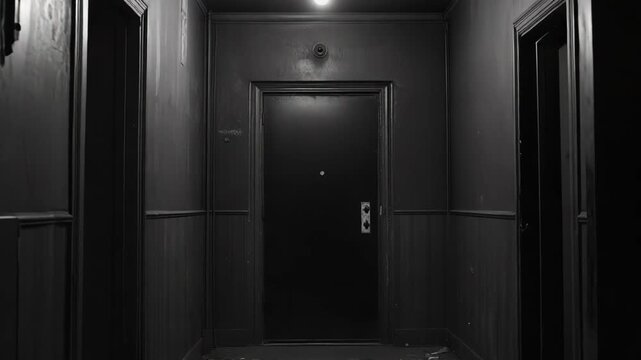 Gloomy, old building hallway presenting a single bright lightbulb illuminating an ominous closed door, creating a tense atmosphere of mystery, loneliness, and uncertainty in monochrome shades