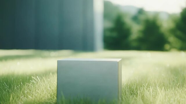 Blank square box on green grass beside a light concrete surface, offering clean copy space for product display, branding or eco themed marketing with blurred nature background