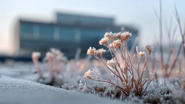 Winter dormancy captured on hospitals vegetated roof closeup of frostcovered plants in clear focus with softly diffused surgical center structure behind.