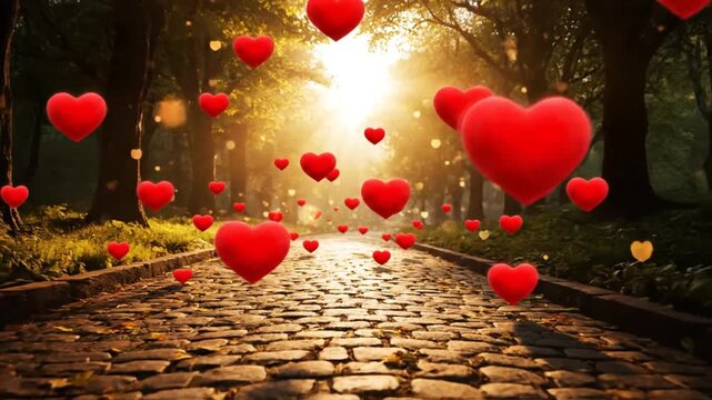 A magical stone path through a sun-drenched forest filled with floating red hearts, creating a romantic and dreamy atmosphere during the golden hour.