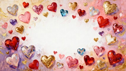 Colorful painted hearts arranged in a frame on a textured background with gold accents, with an oval copy space for text 