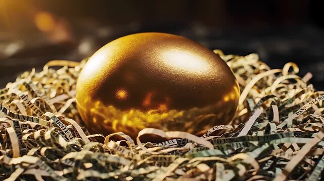 A shimmering golden egg is meticulously nestled in a soft, shredded nest, symbolizing precious retirement savings or a valuable nest egg.