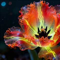 Variegated Orange-Red Parrot Tulip Anemone Macro, Neon Yellow Streaks Glowing Black Stamen Deep Sea