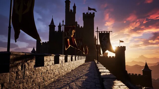 Stylized seamlessly looping animation of long medieval banners fiercely flapping on the high stone ramparts of a silhouette castle wall at dawn flapping, wind, graphics