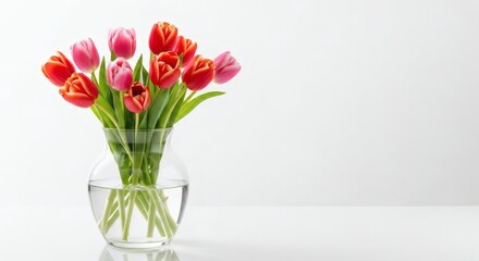 Fototapeta premium Vibrant Tulips in Clear Glass Vase.