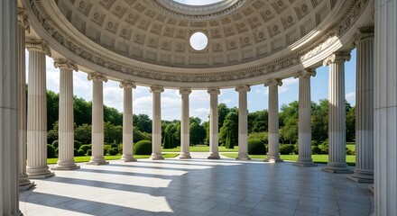 Fototapeta premium A majestic neoclassical temple with columns and a dome surrounded by a serene garden landscape