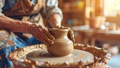 Potter's hands shaping a clay vase on a spinning wheel in a traditional workshop from a close-up viewpoint
