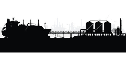 A stark black silhouette depicts a ship industrial structures and a city skyline against a bright white backdrop silhouette high quality © GDMala02
