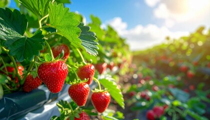 Ripe strawberries hanging from lush green plants in a sunny agricultural field on a bright day