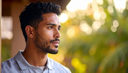 A young man with a contemplative expression stands outdoors surrounded by lush greenery and vibrant foliage in a serene natural setting