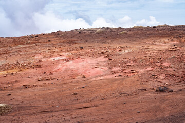 red earth in the Gunnuhver geothermal area on the Reykjanes Peninsula during a day in March