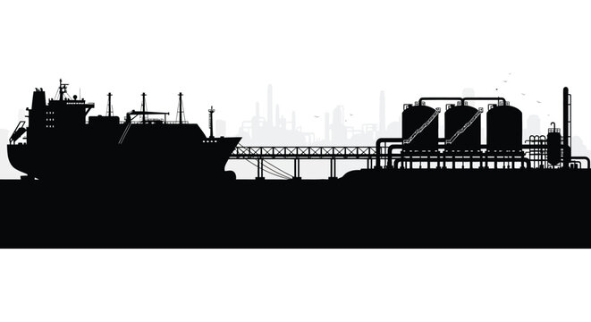 A stark black silhouette depicts a ship industrial structures and a city skyline against a bright white backdrop silhouette high quality