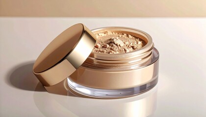 Cosmetic container with open lid displaying powder foundation on reflective surface