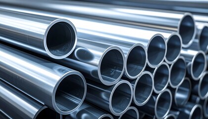 Stacked metal pipes arranged neatly in a warehouse setting viewed from a close-up perspective